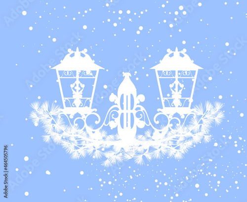 winter season holidays pine branches and city street light design element - vector silhouette outline of coniferous tree border under snowfall