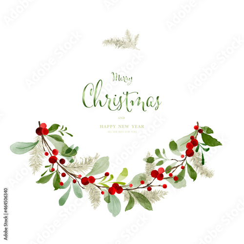 Merry Christmas with berry and pine twig wreath watercolor