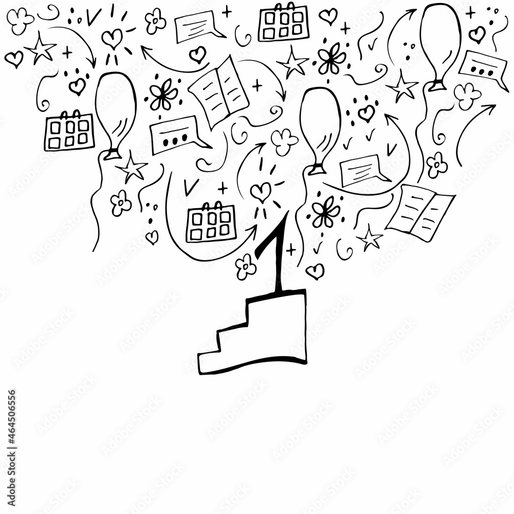 set of hand-drawn doodle-style elements for conceptual design. vector illustration isolated on a white background. Documents, first place, arrow, heart, calendar.Black and white style