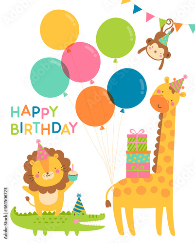 Cute safari cartoon animals illustration for kids birthday greeting card.
