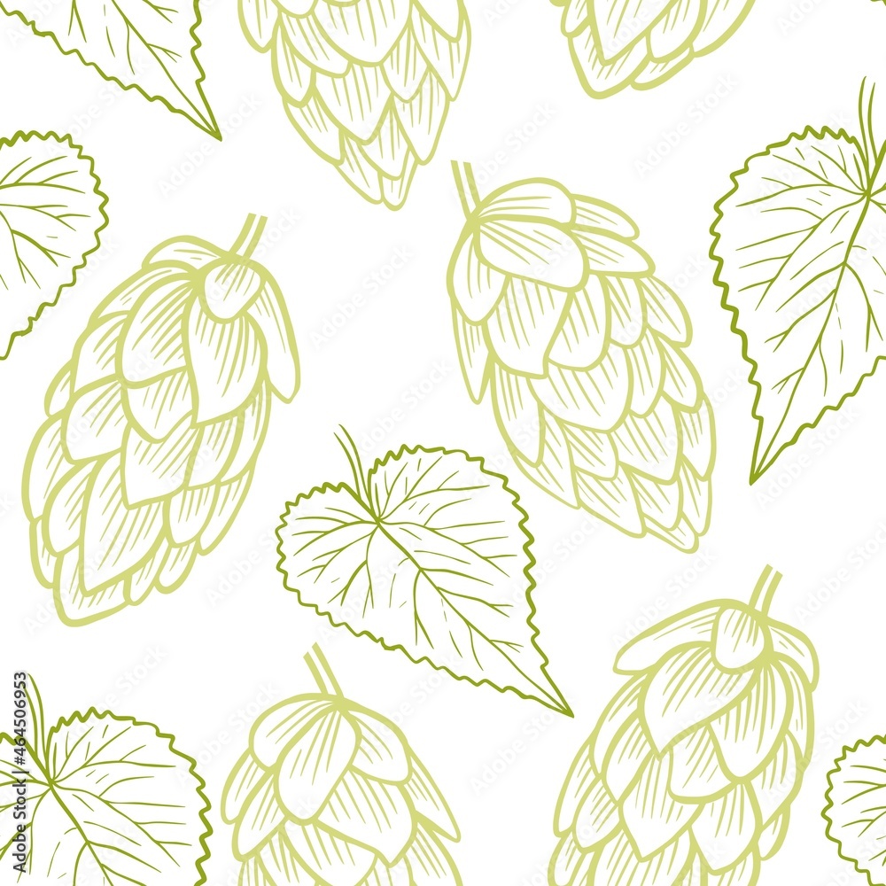 Handmade sketch green hops on white background seamless pattern ...