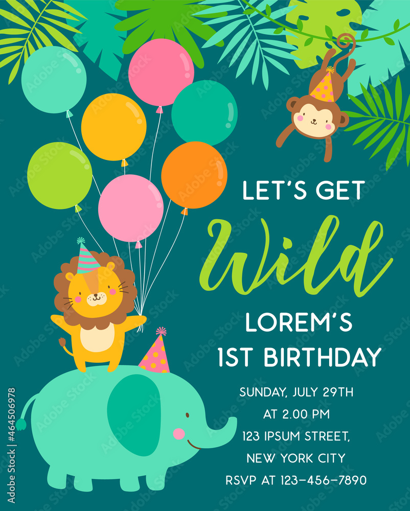 Fototapeta premium Cute jungle animals and tropical leaves for kids party invitation card template.