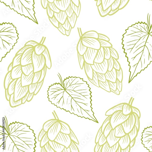 Handmade sketch green hops on white background seamless pattern. Engraved cones and leaves of hops  an ingredient for beer production. Pattern with plants for packaging  wallpaper  vector illustration
