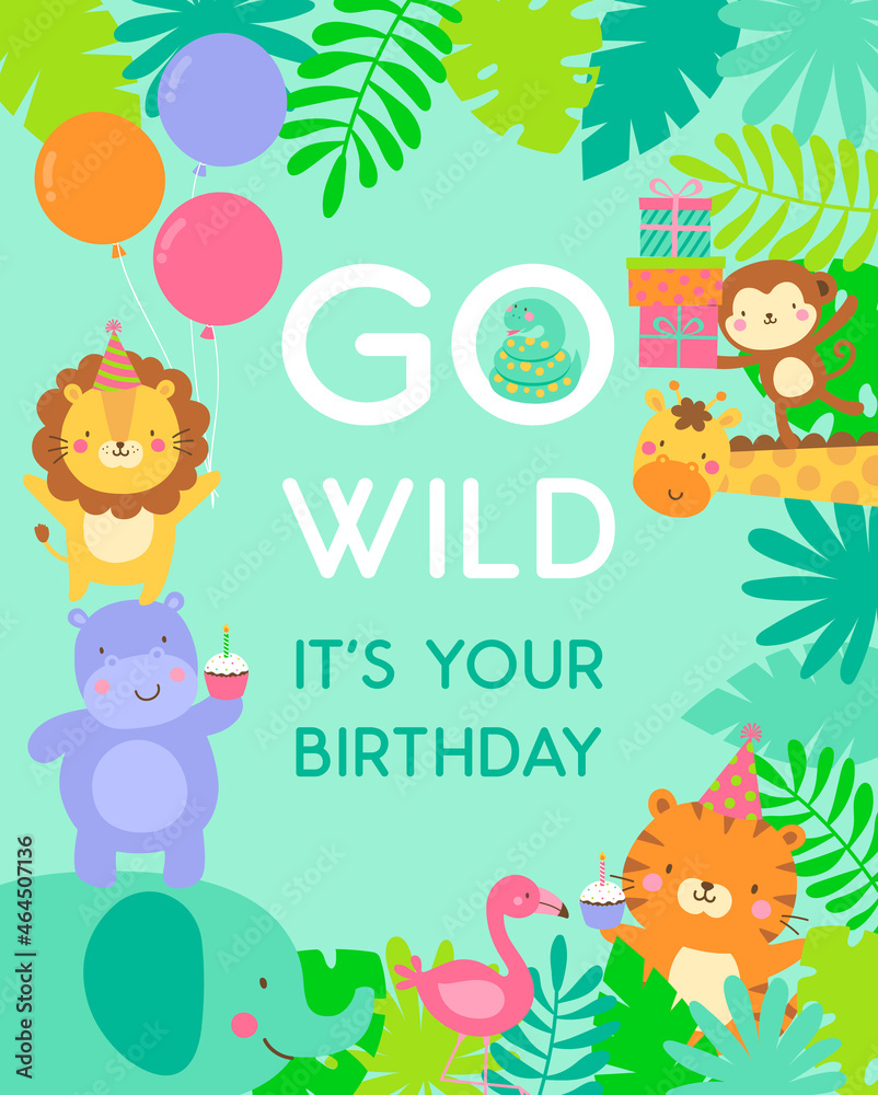 Cute jungle animals and tropical leaves for kids greeting or invitation card template.