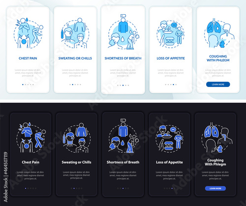 Pneumonia signs onboarding mobile app page screen. Breath shortness walkthrough 5 steps graphic instructions with concepts. UI, UX, GUI vector template with linear night and day mode illustrations
