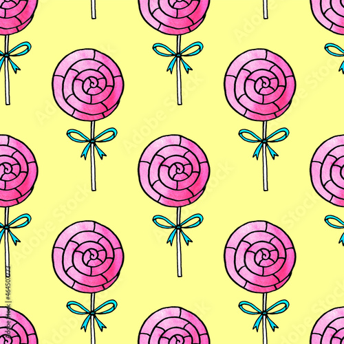 Seamless pattern with lollipops. Cute pink watercolor hand drawn sweets on holidays backgrounds and textures. For Valentines Day, birthday, greeting cards, wrapping paper, kids dresses textile