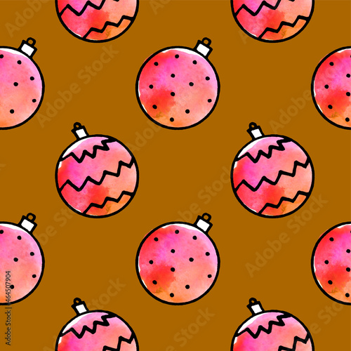 Seamless pattern with Watercolor Christmas tree balls. Hand drawn New year, Xmas backgrounds and textures. For greeting cards, wrapping paper, packaging, fabric, calendars, prints