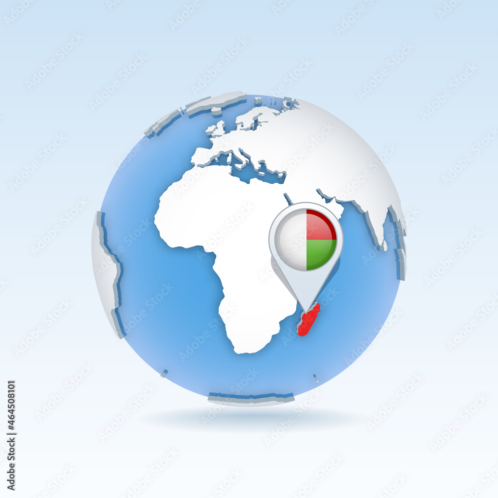 Madagascar - country map and flag located on globe, world map. Madagascar - country map and flag located on globe, world map.