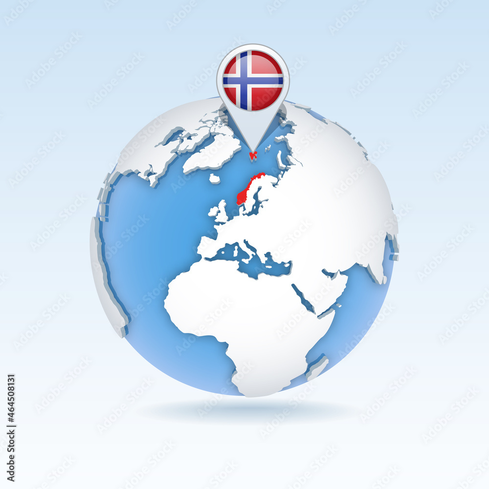 Norway - country map and flag located on globe, world map. Norway - country map and flag located on globe, world map.