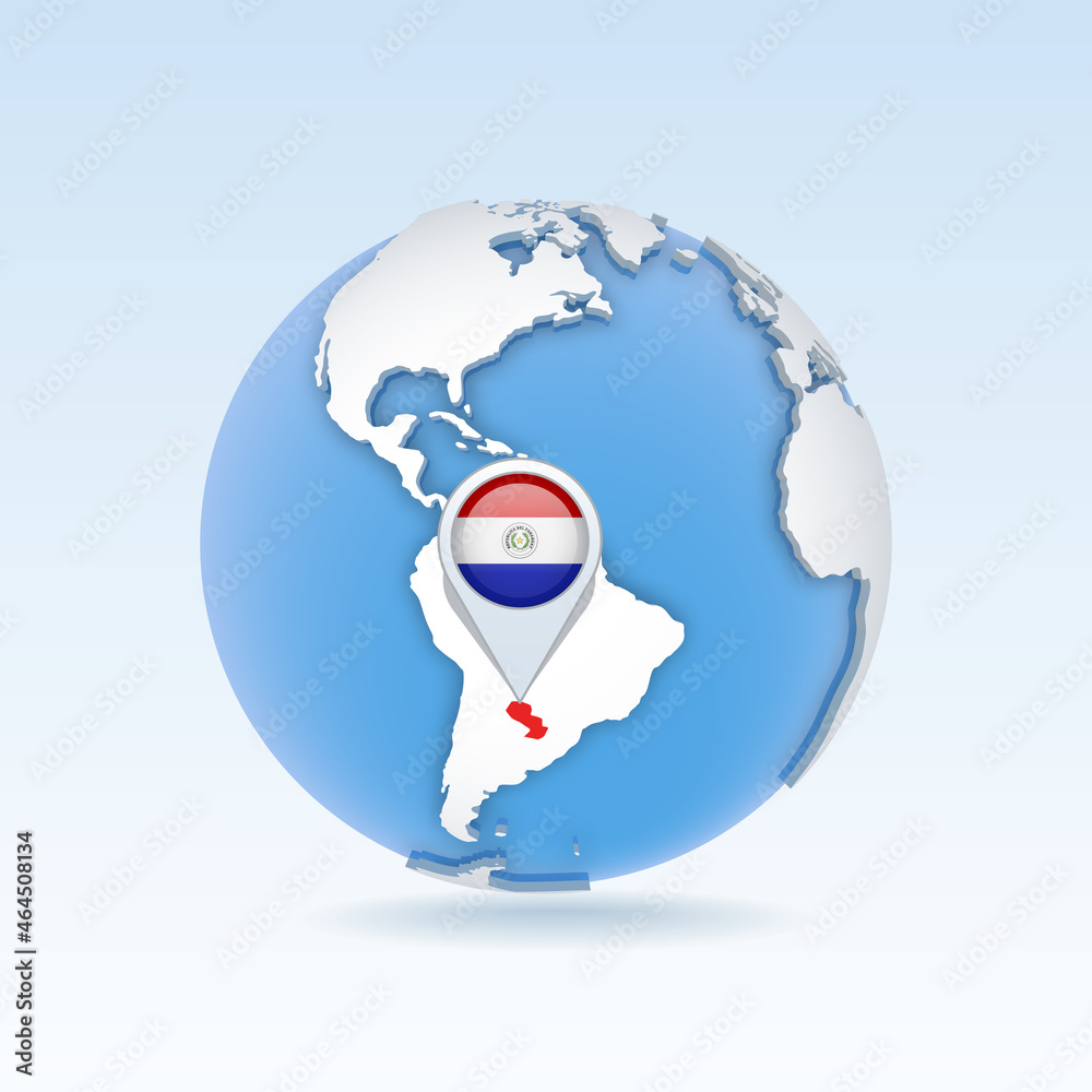 Paraguay - country map and flag located on globe, world map.