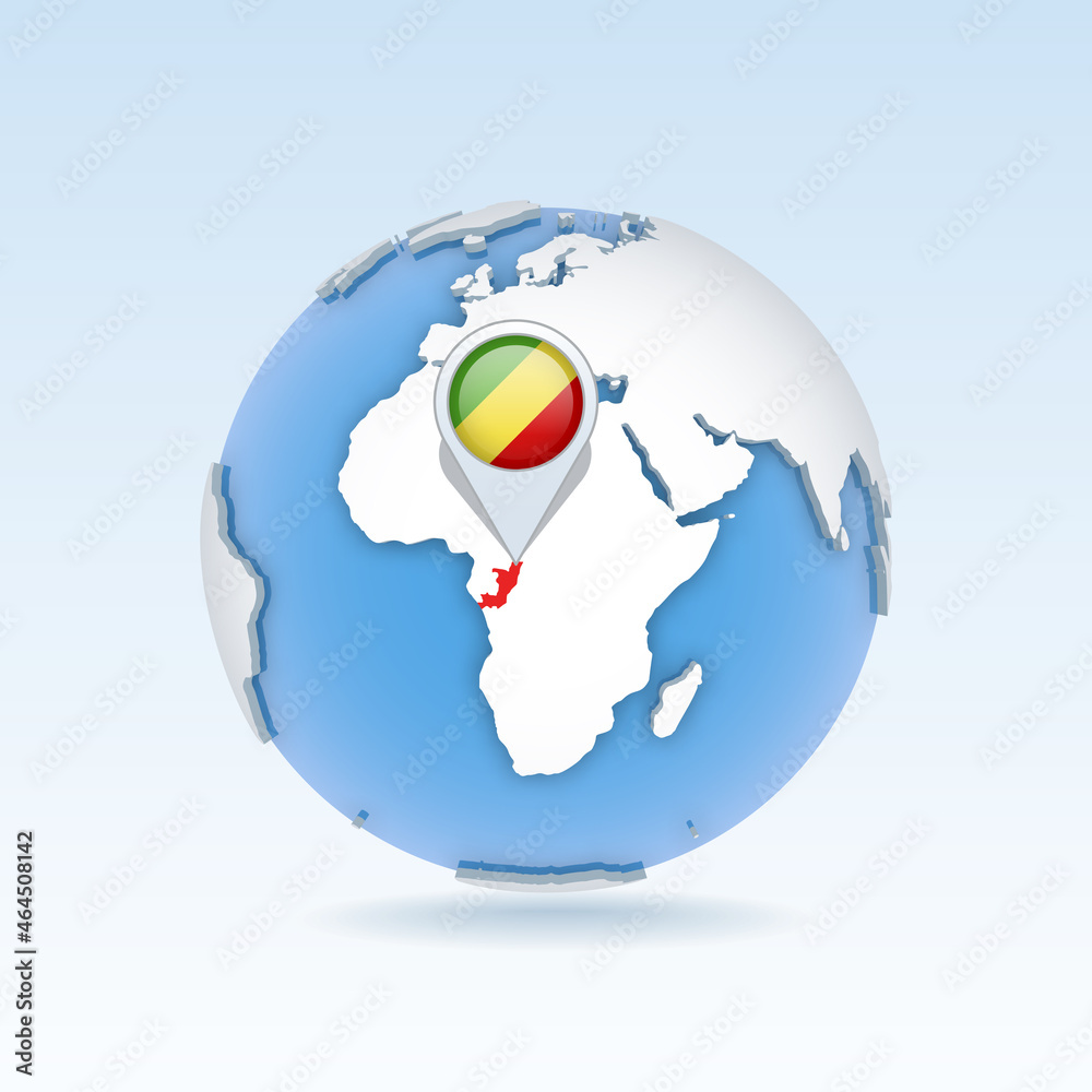 Republic of the Congo - country map and flag located on globe, world map. Republic of the Congo - country map and flag located on globe, world map.