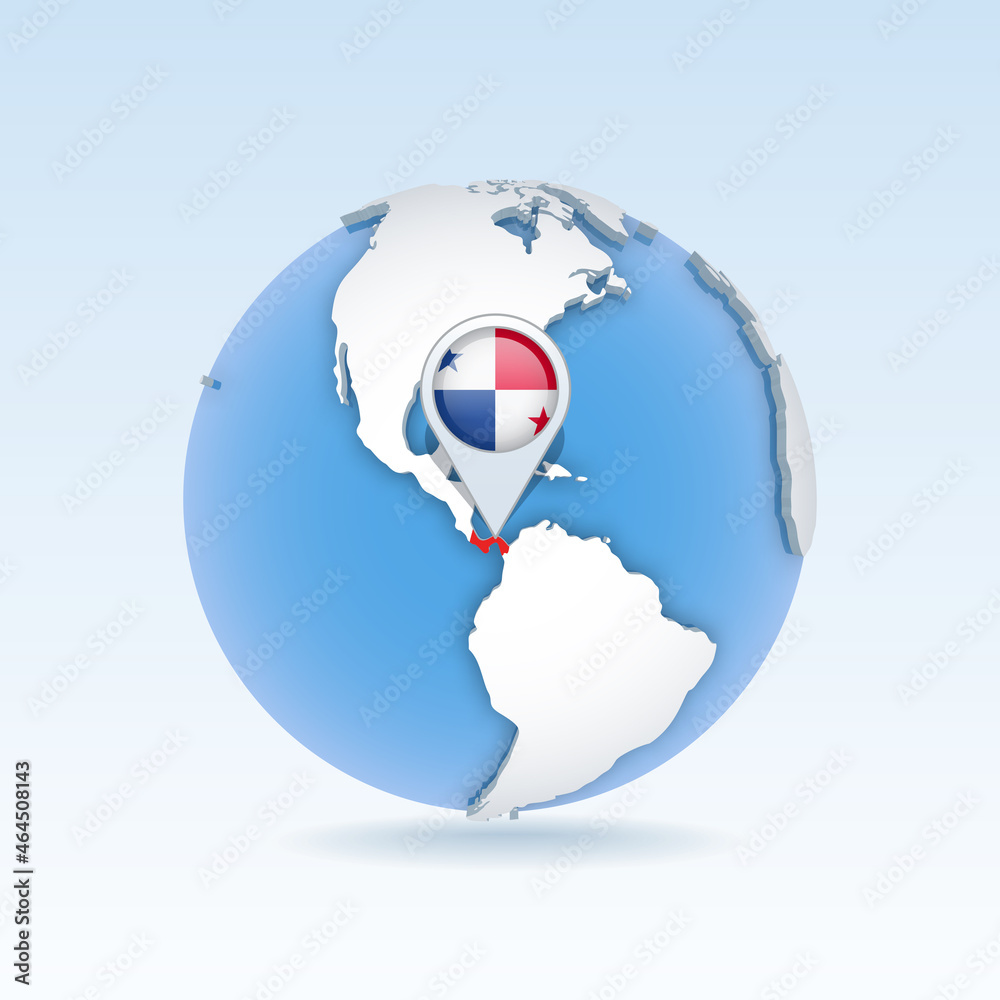 Panama - country map and flag located on globe, world map. Panama - country map and flag located on globe, world map.