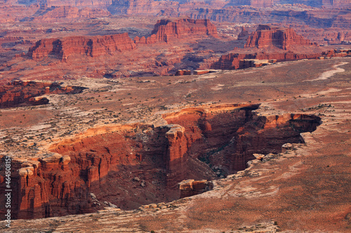 Desert sandstone towers, cliffs and canyons at sunset, seen from Grand View Point in Canyonlands National Park, Utah, USA.