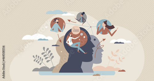 Social cognition as psychological mind interaction tiny person concept. Process, store and apply information about society members and make connections in brains or self perception vector illustration photo