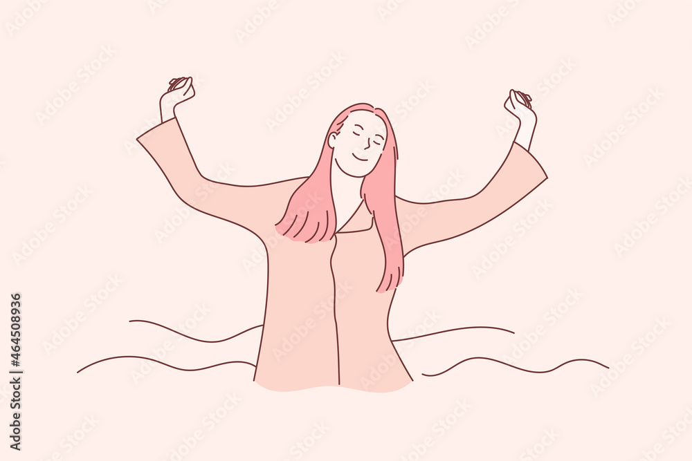 Beautiful woman in pajamas sitting on bed, wake up and spread hands enjoying morning time. Hand drawn style vector design illustrations Beautiful woman in pajamas sitting on bed, wake up and spread hands enjoying morning time. Hand drawn style vector design illustrations