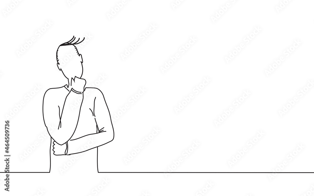 Fototapeta premium Man thinking isolated on white background. Man thinking for web site, poster, placard, ad, cover magazine and print materials. Man thinking, modern drawing concept
