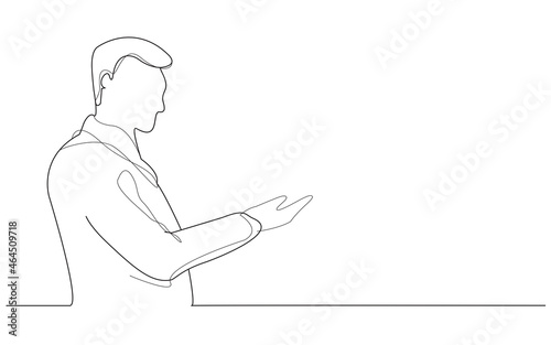 Man presenter with hand isolated on white background. Man presenter for product, ad, marketing, presentation materials and advertising. Creative modern concept, vector illustration