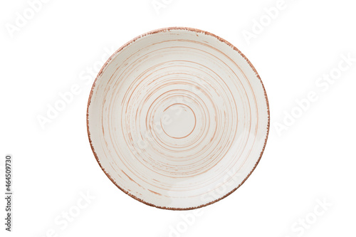 milky color ceramic round plate isolated over white background. Top view