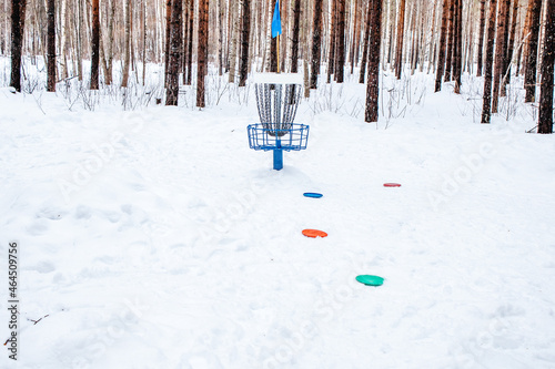 snow covered disc golf basket