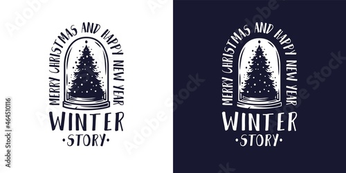 Christmas snow ball for the new year. Winter holiday design with spruce or christmas tree for merry christmas holiday