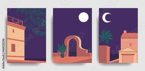 Set of aesthetic  contemporary posters with geometry architecture. Architecture near sea. Vector posters for wall decor in boho style.