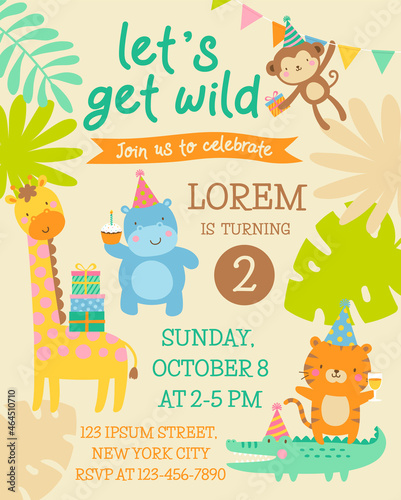 Cute safari animals cartoon illustration for kids party invitation card template.
