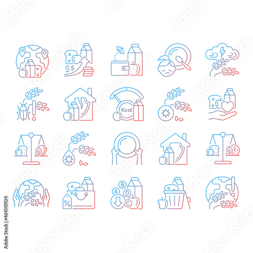 Hunger and food security gradient linear vector icons set. Poverty and starvation. Food justice volunteer organizations. Thin line contour symbols bundle. Isolated outline illustrations collection