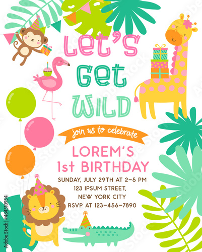 Cute safari animals cartoon illustration for kids party invitation card template.
