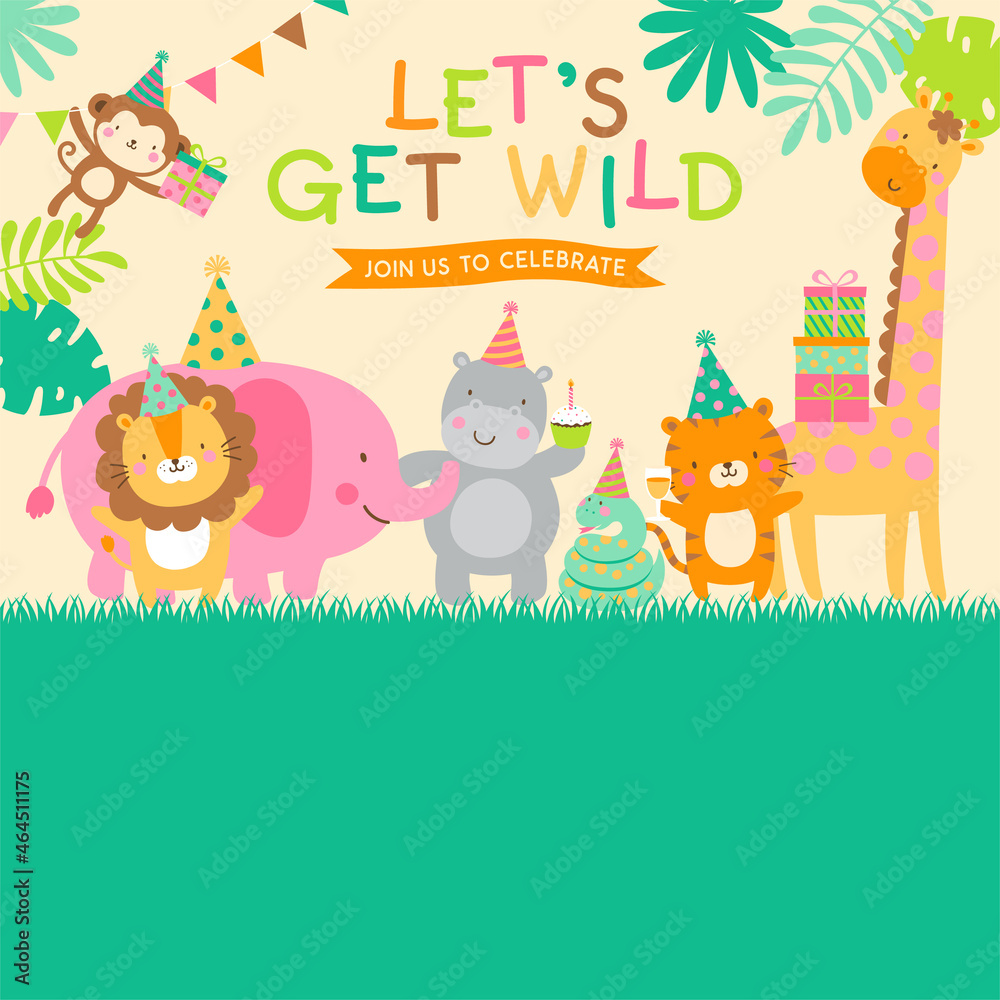 Obraz premium Cute safari cartoon animals with copy space for kids party invitation card template.