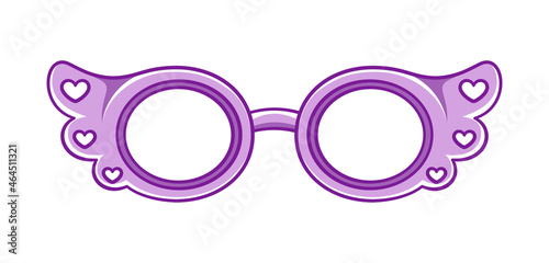 Lavender purple glasses frame with heart pattern clipart. Funky party glasses eyewear cartoon vector illustration.