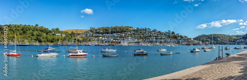 Ships moored in Dartmouth harbour looking towards Kingswear, Devon, England, United Kingdom