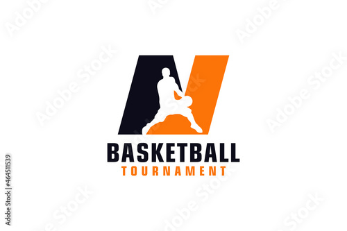 Letter N with Basketball Logo Design. Vector Design Template Elements for Sport Team or Corporate Identity.