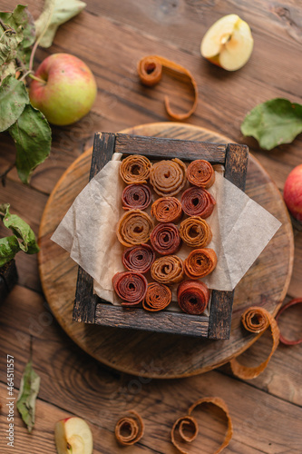 sweet dried Apple pastille. Homemade dessert. Top view.