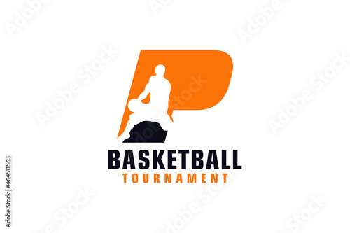 Letter P with Basketball Logo Design. Vector Design Template Elements for Sport Team or Corporate Identity.