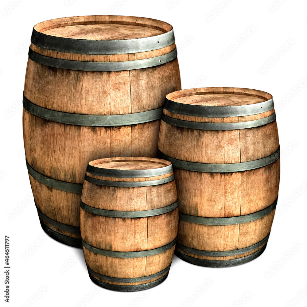 Fototapeta premium three large wooden barrels on a white background