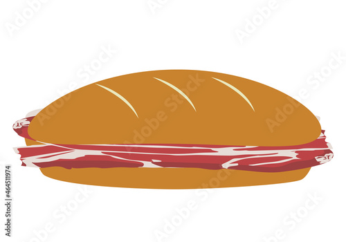 Bocata de jamón serrano o curado sobre fondo blanco. Día del bocadillo