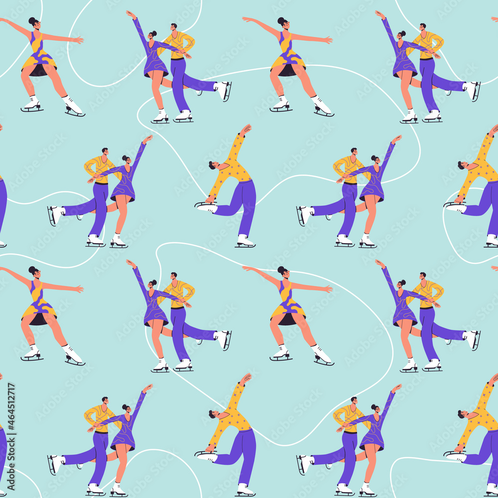 Seamless pattern with figure skaters cartoon flat vector illustration in trendy colors. Winter sport, ice dancer, gymnast woman, championship, competition activity modern design element
