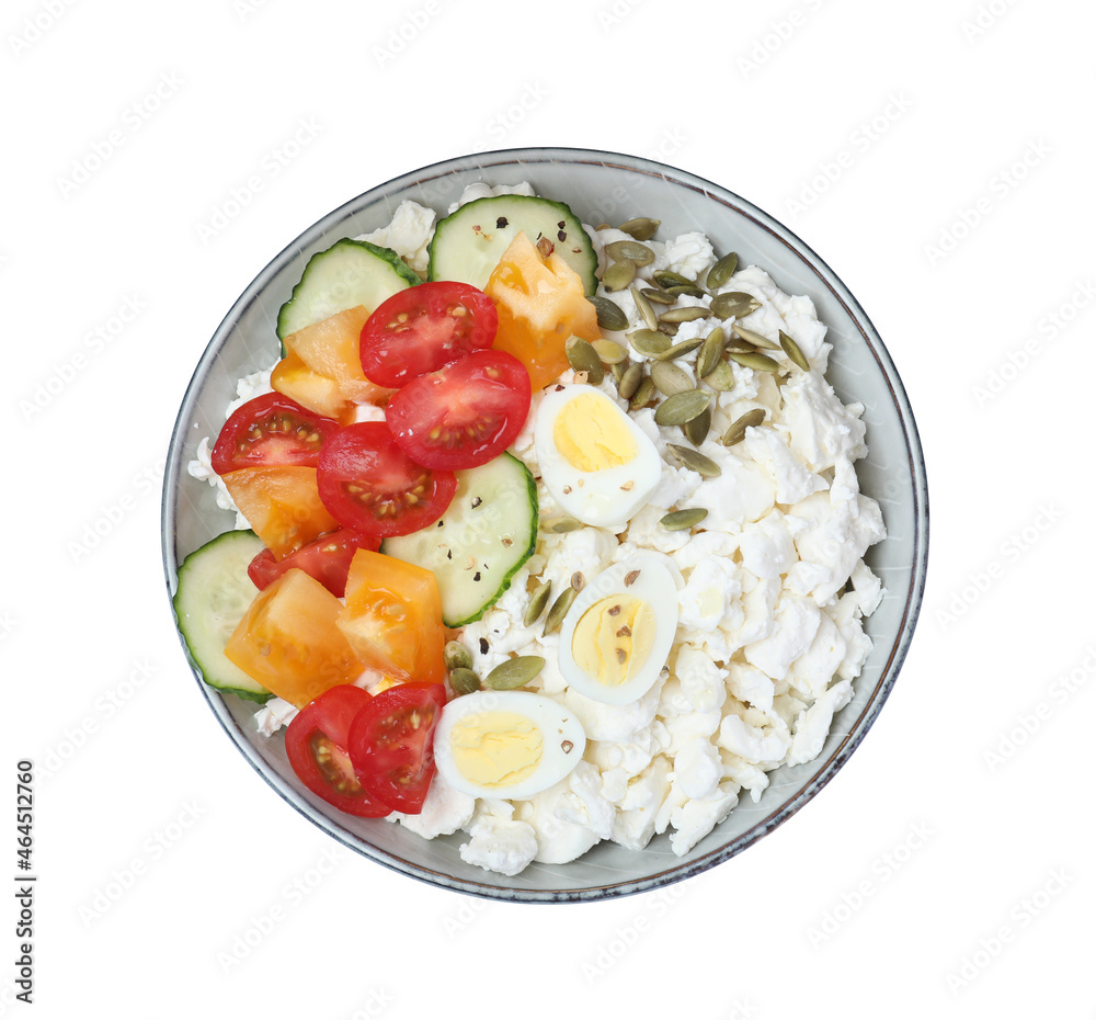 Fresh cottage cheese with vegetables and eggs in bowl isolated on white, top view