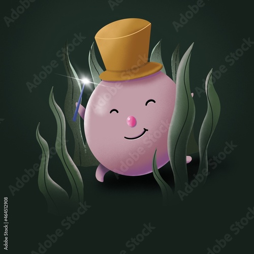 Illustration of a pink ball alive in the grass and has a yellow hat