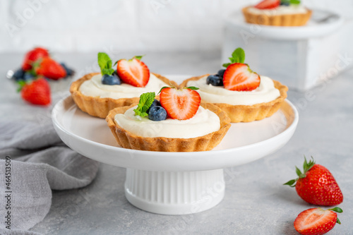 Delicious mini tarts with fresh berries and custard on a white plate on a gray concrete background. Copy space