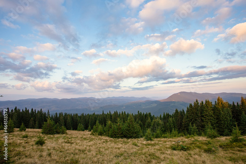 incredible mountain landscape. mountain tops in the rays of the evening sky.