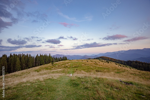 concept of evening sky in the mountains. the beauty of hiking in the mountains. landscape on top of the mountain