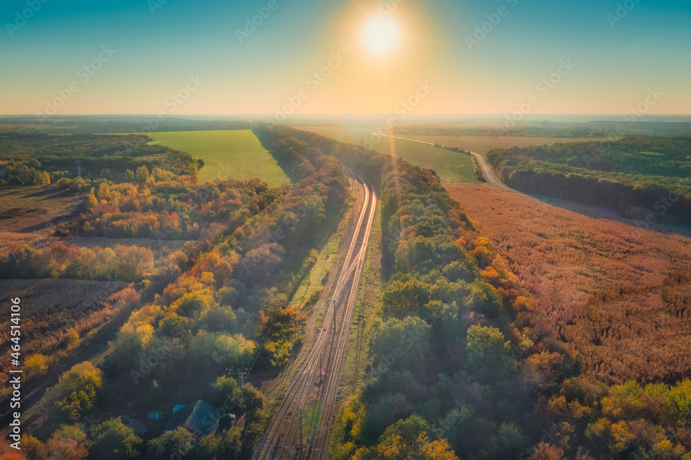 Railway line in the middle of the field in the trees in autumn: aerial drone shot. Colorful landscape with railroad, autumn trees and mist. Railroad station.