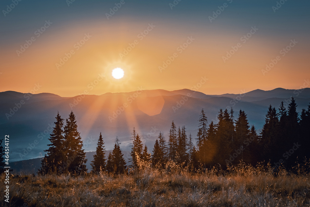 sunbeams. sunrise in the mountains. incredible mountain landscape