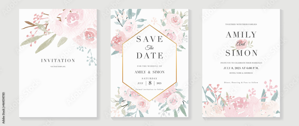 Wedding invitation card template with flower watercolor texture vector. Save the date invite cards. Vector illustration.