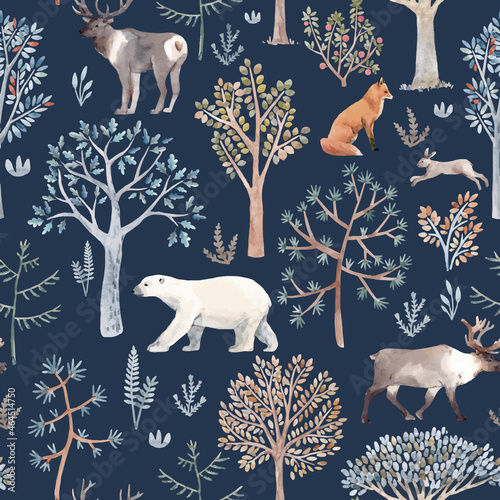 Beautiful vector winter seamless pattern with hand drawn watercolor cute trees and forest bear fox deer animals. Stock illustration.