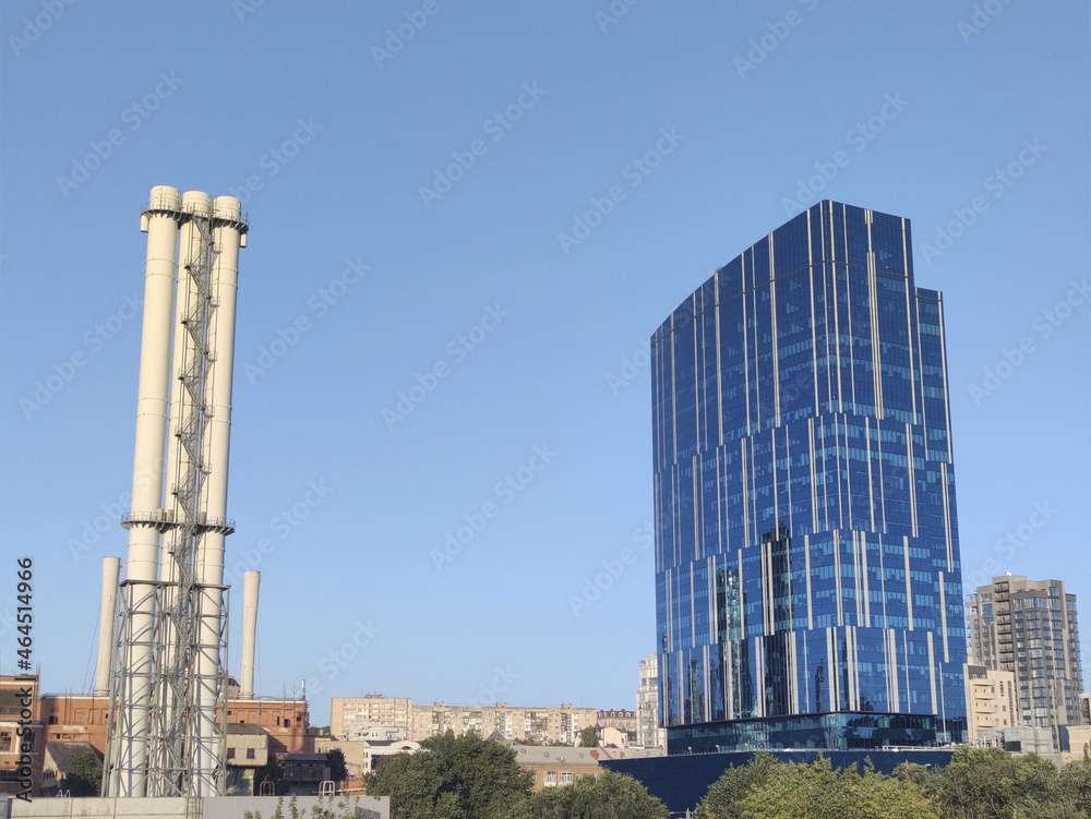 Industrial and modern office buildings on one street