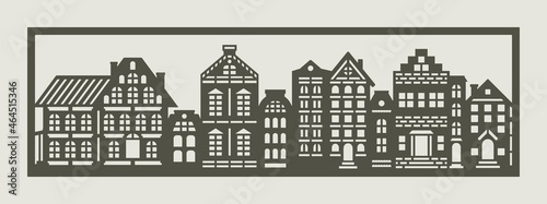 Long horizontal painting with houses. European street with brown building facades in a rectangular frame on a gray background. Simple style, monochrome. Vector template for plotter laser cutting, cnc.