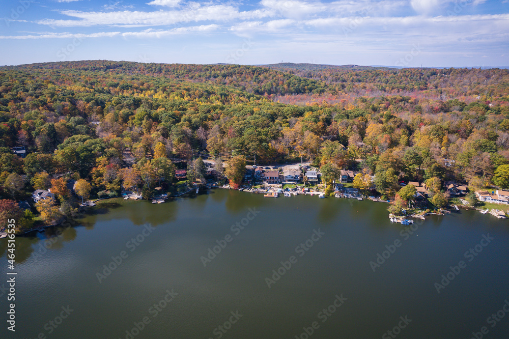 Aerial Drone of Highland Lake New Jersey Foliage 