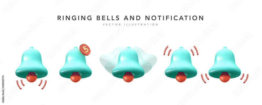 3d notification bell icon set isolated on white background. 3d render ringing bell with new notification for social media reminder. Vector illustration 3d notification bell icon set isolated on white background. 3d render ringing bell with new notification for social media reminder. Vector illustration